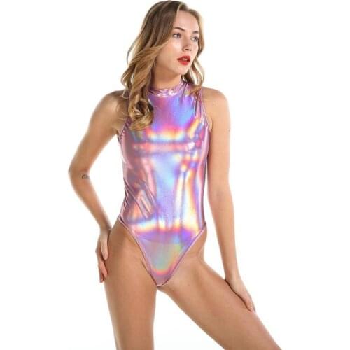 Sexy Women Faux Leather Iridescent Bodysuit Glitter High Cut Metallic Holographic Leotard One Piece Bikini Dance Wear Swimwear