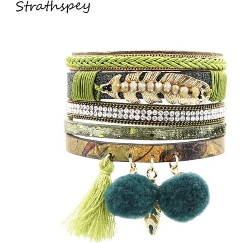 STRATHSPEY Fashion Women Multi Rows Rhinestone Set Tassel Fur Ball PU Lather Bracelet & Bangle Gold Leaf Beads Pendant Olive