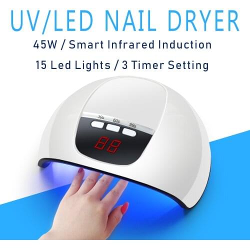 45W Nail Dryer Machine 15Pcs UV LED Lamp Manicure All Gel Polished Phototherapy Light No Tanning Hand Fast Dry Timer LCD Display