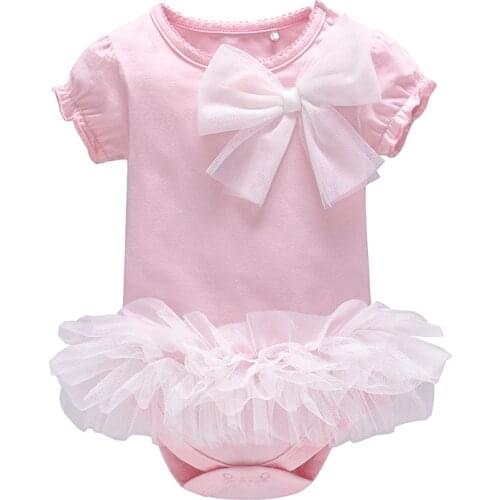 Vlinder 2018 New Princess Style Summer Baby Girls Pink Mesh Bodysuits Newborn Clothing Bow Tie Short Sleeves Infant Bodysuits