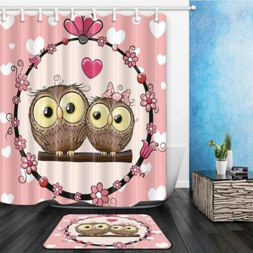 Cartoon Owl Shower Curtains Set Cute Bird Valentines Day Couples Bathroom Decor Home Bathtub Curtain and Flannel Mat Carpet