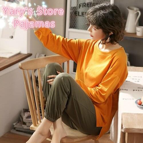 Womens Pajamas Spring&autumn Long Sleeve Trousers Round Collar Korean Version Casual Cotton Home Wear Female Plain Color Cotton