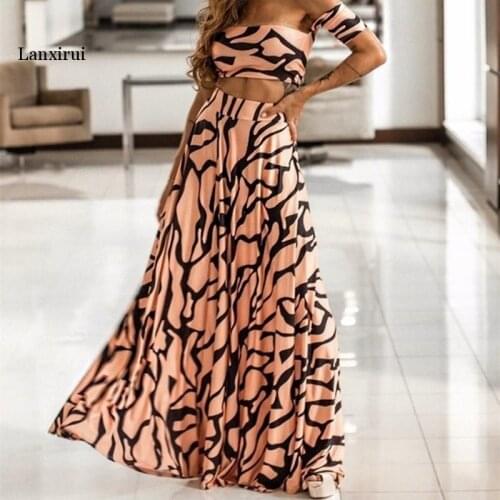 Women Bohemian Sexy Crop Tops And Maxi Skirt Skirt Suits Striped Print Skirt Two Piece Set