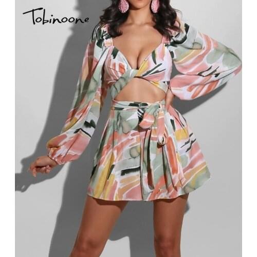 Tobinoone Print Ruffle Crop Top And Shorts Two Piece Set Women Autumn Full Sleeve Backless Sets Lace Up Casual Party 2 Piece Set