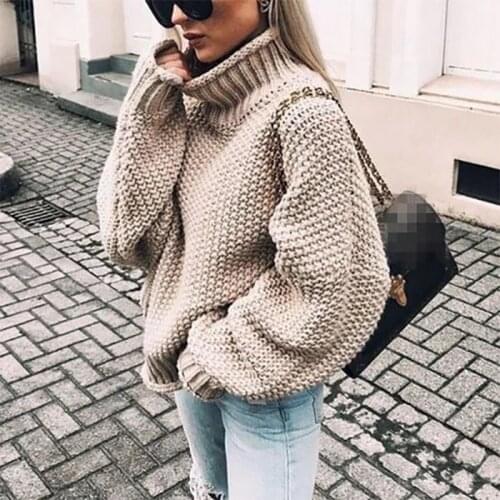 2019 Winter Khaki Turtleneck Women Sweater Fashion Autumn Winter Long Sleeve Jumper 2019 Knitted Loose Pullover Pull Femme Hiver