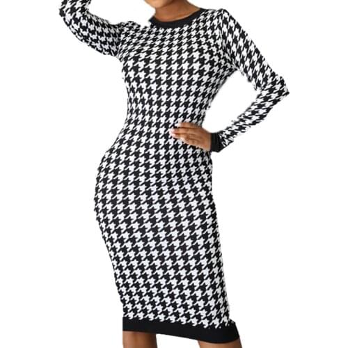 Womens Printed High Waist Autumn Winter Slim Wear to Work Business Office Knee-length Party Sheath Bodycon Pencil Dress