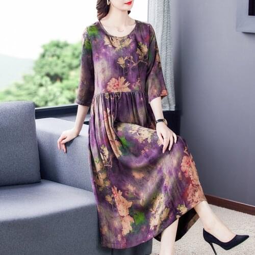 2021 Spring Summer Elegant Floral Mulberry Silk Midi Dress Women 4XL Plus Size Loose Dress Vintage Bodycon Print Party Vestidos