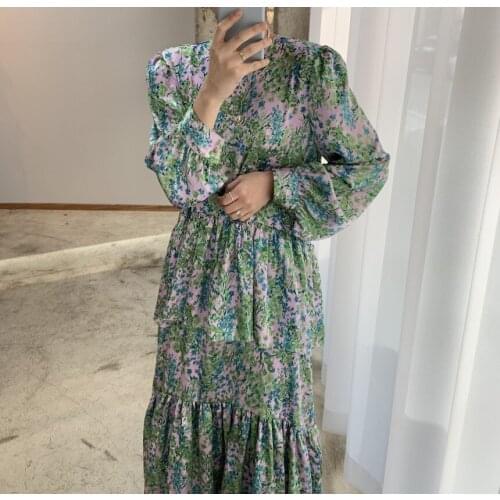 2021 Chic Korean Vintage O Neck Lantern Sleeve Floral Dress Women Long Loose Ruffles Hem Boho Vestidos Femme Temperament Sweet