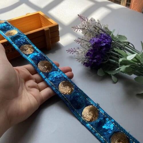 1 Yards Blue 35mm Ethnic Gold Thread Sequins Webbing Ribbon Tape Shoes Dress Embroidered Lace Trims DIY Sewing Accessorie