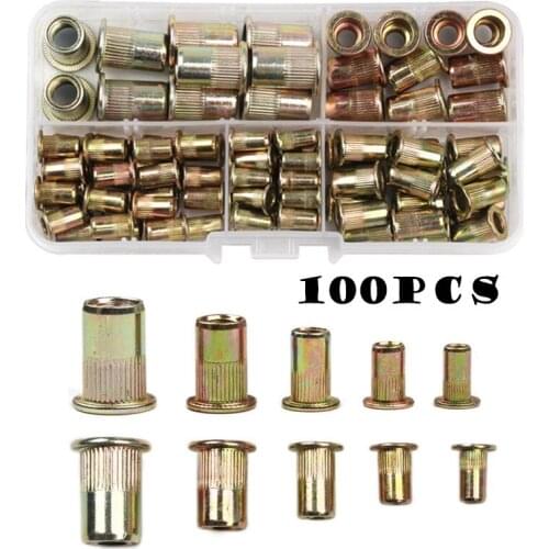 100PCS Mulit-Size M3/4/5/6/8 Flat Head Carbon Steel Rivet Nuts Carbon Steel Rivet Nuts Set Nuts Insert Riveting