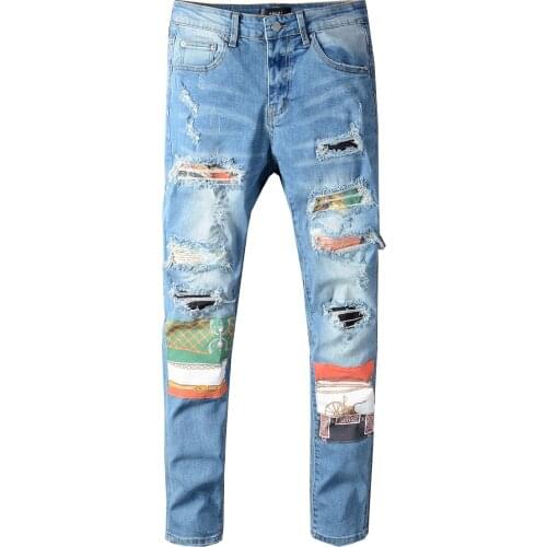 SEVEYFAN 2021 Mens Fashion Patchwork Jeans Hi Street Broken Hole Denim Pants for Male