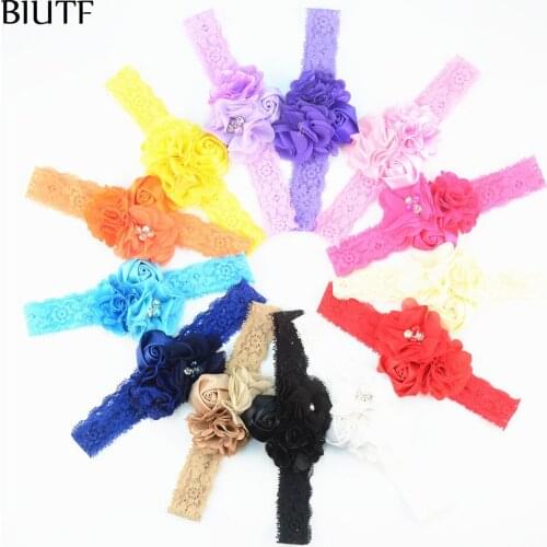 50pcs/lot Elastic Lace Headband with Fabric Satin Chiffon Rose Flower Newborn Headwear Hair Accessories Photography Props FDA230