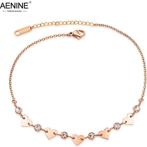 AENINE Titanium Steel Bohemia Holiday Beach Chain & Link Anklets For Women Girls Trendy CZ Crystal & Heart Charm Anklet AA19043