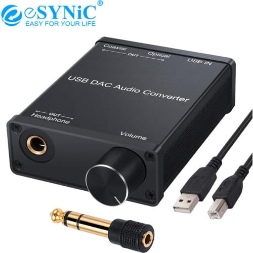 ESYNiC USB DAC Audio Converter Digital to Analog with HiFi Headphone Amplifier 6.35mm Audio USB to Coaxial S/PDIF Adapter for PC