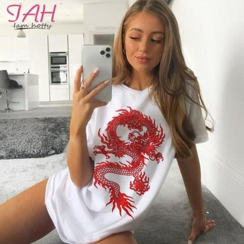 Iamhotty Harajuku Dragon Print T Shirt Women Black Short Sleeves Oversized Tops Femme Summer Vintage Korean Style Clothes 2020