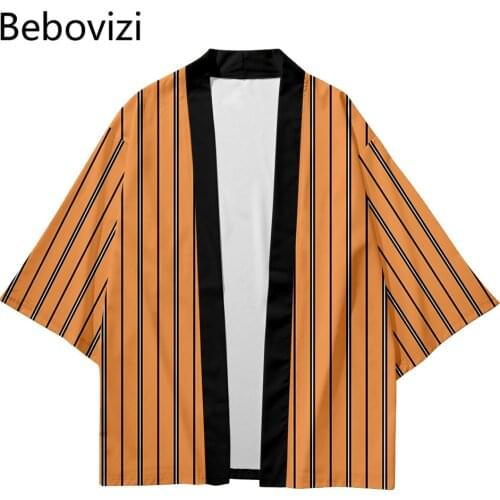 Kimono Streetwear Men Women Cardigan Haori Yukata Tops Robe Clothes Plus Size 6XL Yellow Blue Orange Stripe Beach Japanese Style