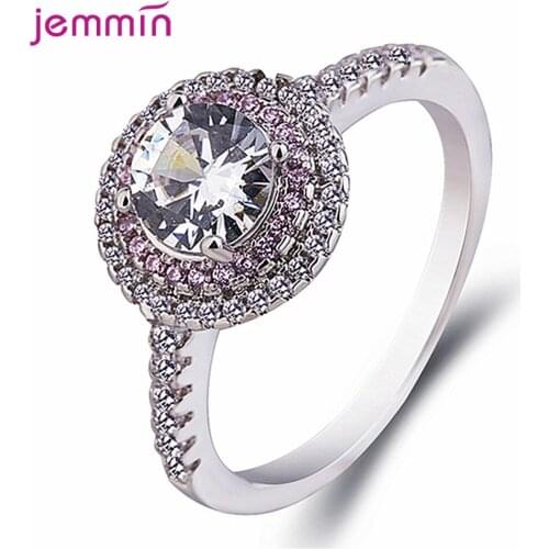 Classic Luxury 925 Sterling Silver Ring Geometric Round Wedding Cubic Zircon Rings Engagement For Women Shine Shimmer Jewelry