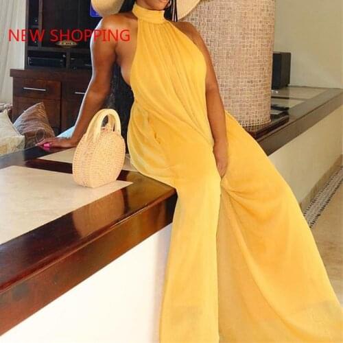 Elegant Holiday Chiffon Jumpsuits Halter Sleeveless High Waist Women Wide Leg Playsuit Open Back Pleated Rompers loose indie