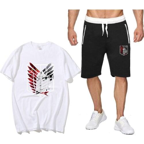Summer Anime Attack on Titan Shingeki print Two Piece Set cotton mens T-shirt Sports Streetwear Harajuku Sweatpants Shorts