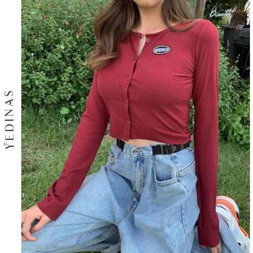 Yedinas Summer Autumn Korean Style O-neck Short Knitted Sweaters Women Thin Cardigan Fashion Sexy Long Sleeve Button Up Crop Top