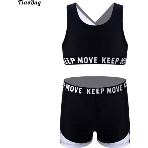 TiaoBug Summer 2Pcs Kids Girls Sport Suit U Neck Sleeveless Letter Print Crop Tops And Shorts Set Gym Yoga Dance Sportswear