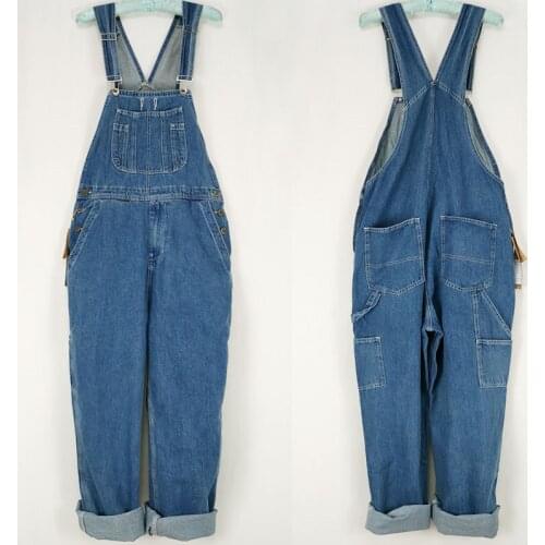 Hot Mens Denim Bibs Mens Loose Retro Style Japanese Joker Bibs Siamese Trousers American Loose Workwear Siamese Trousers