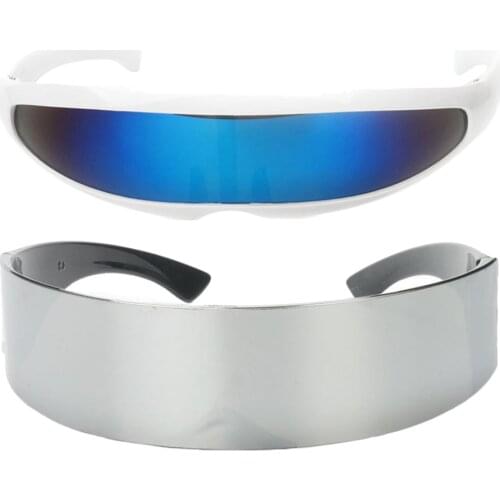 2 Pieces Fashion Narrow Blue Metallic Silver Outer Space Robot Alien Eyeglasses Shade Eyewear Future Soldier Sunglasses