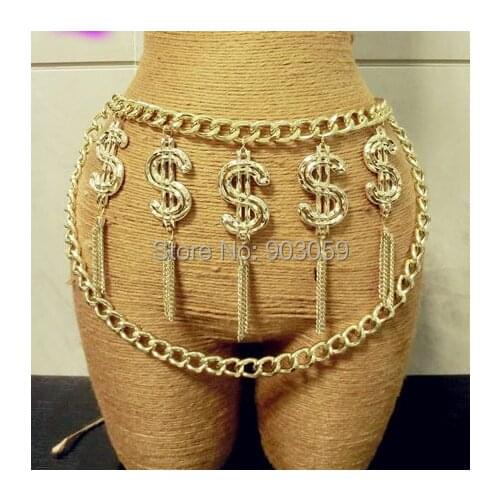 New Punk Metal Chain Belt Exaggerated Gold plated Dollar with Tassel waist belt for Women Men