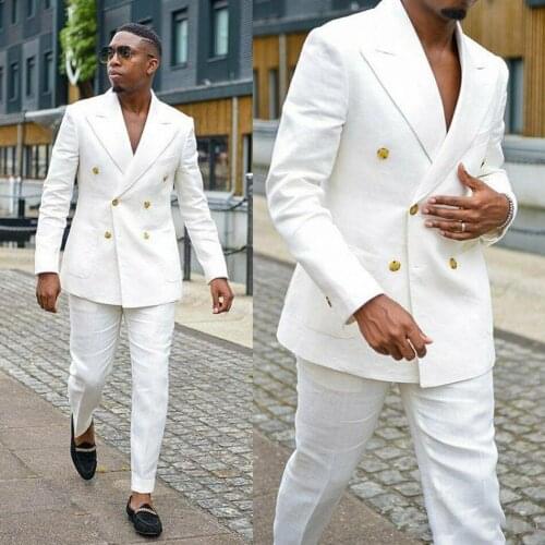 Casual Stylish Summer Beach Mens Formal White Suits Groom Wear Double Breasted Party Wedding Peaked Lapel Tuxedos(Jacket+Pants)
