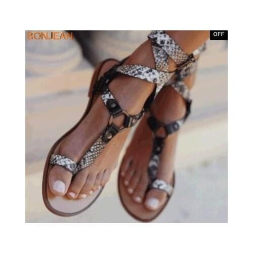 2020 Summer Roman Sandals Women Shoes Pu Leather Cross Chains Thong Gladiator Flat Sandals Toe Ring Beach shoes Plus Size