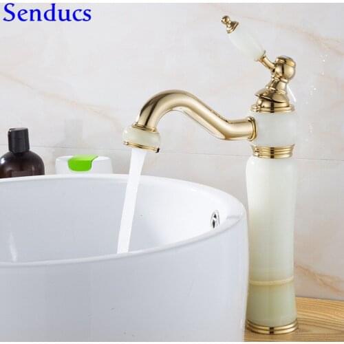 Senducs Gold Jade Stone Bathroom Basin Faucet Luxury European Jade Stone Basin Sink Faucet Quality Brass Gold Bathroom Faucet
