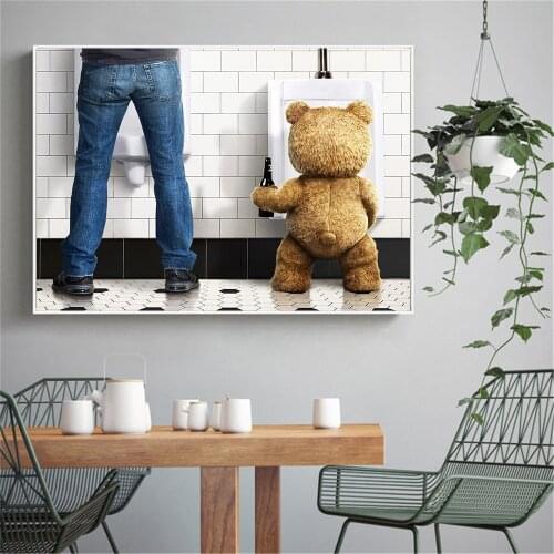 Modern Humor Canvas Painting Funny Teddy Bear Man in Toilet Poster Hd Print Bathroom Decoration Wall Art Picture for Living Room