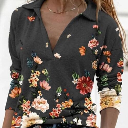 Spring Sweatshirts Women Tops Vintage Long Sleeve Shirt Woman Floral Print V Neck Pullover Ladies Casual Shirts Female Tops