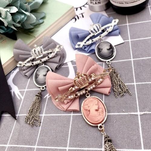 Sweet New Women Big Fabric Bowknot Brooches Crown Pins Long Tassel Head Portraits Brooch Fashion Clothing Accessories