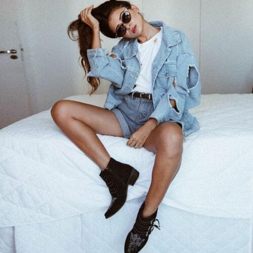 Womens jean jacket loose vintage blue single-breasted lapel ripped top 2021 fashion streetwear casual womens clothes fall