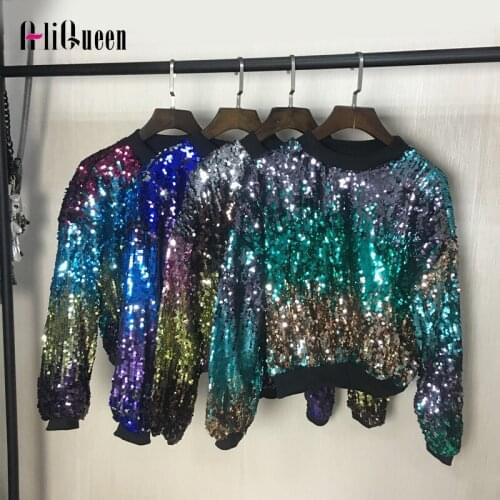 Autumn spring Women Multicolor Sequins T Shirt O-Neck Bat Long Sleeve Vitality Sports Tops Female Performance Clothing