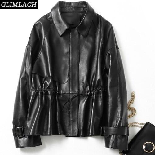 Sheepskin Oversize Loose Drawstring Genuine Leather Jacket Women Fashion Casual Long Sleeve Real Leather Coat Lady Streetwear