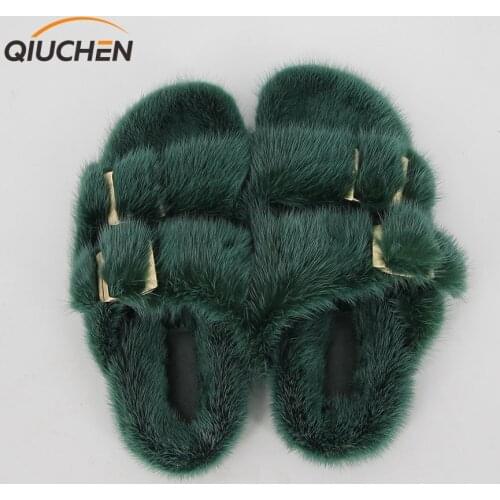 QIUCHEN 2021 mink fur Furry Fur Slippers Fluffy Flip Flops Diamond Chain Real Fur Slides For Women Ladies House Slippers