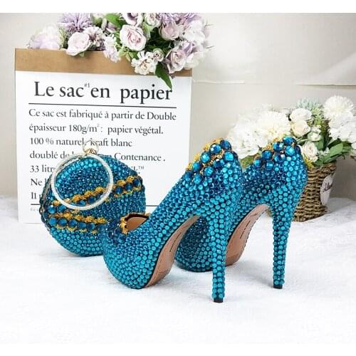 BaoYaFang Bluish Green crystal Womens Wedding shoes with matching bags high heels platform shoes and purse woman High shoes