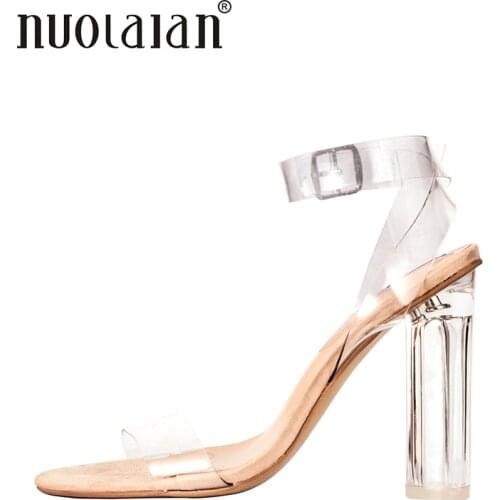 2018 Newest Women Pumps Celebrity Wearing Simple Style PVC Clear Transparent Strappy Buckle Sandals High Heels Shoes Woman