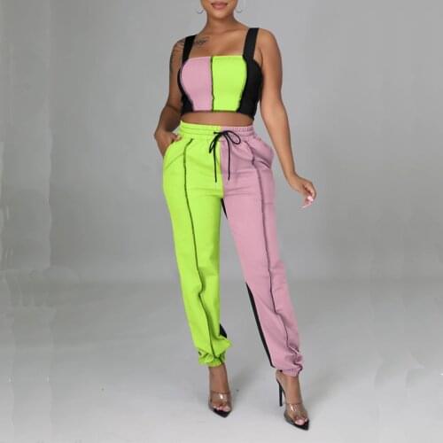 Women Fashion Sleeveless Crop Top & High Waist Drawstring Pant Set Casual Slim Sportwear Two Piece Contrast Color Trousers Suits