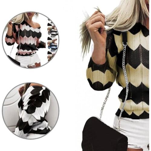 Women Stylish Color Block Long Sleeve Sweater Pullover Women Sweater Loose for Party