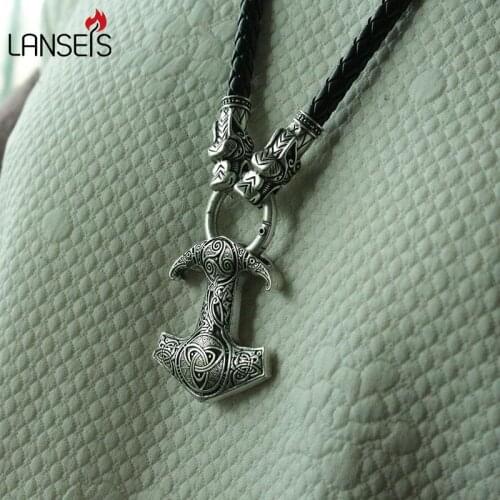 1pcs lanseis viking raven pendant Nordic Pagan men necklace Ravens Mjolnir hammer