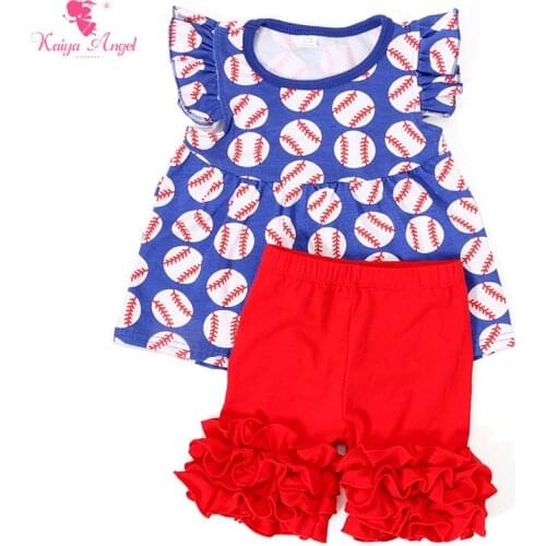 2018 Girls Clothing Set Summer Girls Baseball Shirt Red Shorts Ruffle Suit 4th Of July Patriotic 1-8T Wholesale Girl Clothes