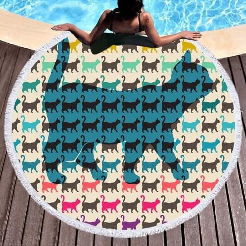 Big Cat Round Beach Towel Cute Cat Collections Microfiber Tapestry Bedroom Rug Yoga Mat Tablecloth Swim Bath Towel Beach Blanket