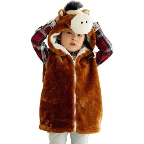 DOUBCHOW Unisex Childrens Cartoon Horse Pattern Winter Hooded Vest Coat Kids Girls Boys Plush Costume Outwear Vest 2017 Fashion