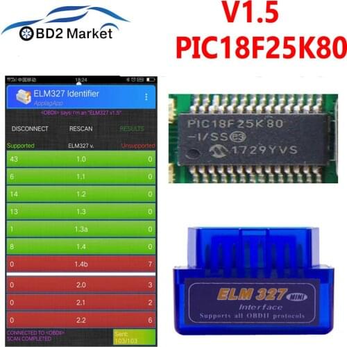 Mini ELM327 V1.5 PIC18F25K80 obd2 BT-Wireles diagnostic tool elm 327 v1.5 car diagnostics scanner Double chip for OBDII Protocol