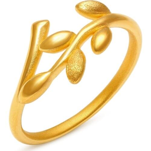 Real Pure 24K Yellow Gold 3D Branch Leaf For Lover Girl Ring Band Women Girl Ring US 5-8