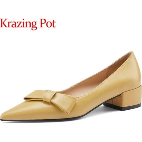 Krazing Pot big size genuine leather pointed toe med heels shallow British school maiden butterfly-knot slip on women pumps L6f3