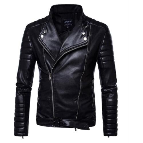 PU motorcycle leather jacket men personality european mens leather jackets Punk belt buckle Diagonal zipper coats biker black